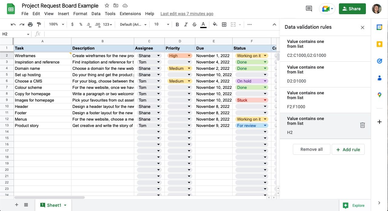 Меню правил проверки данных в интерфейсе таблицы