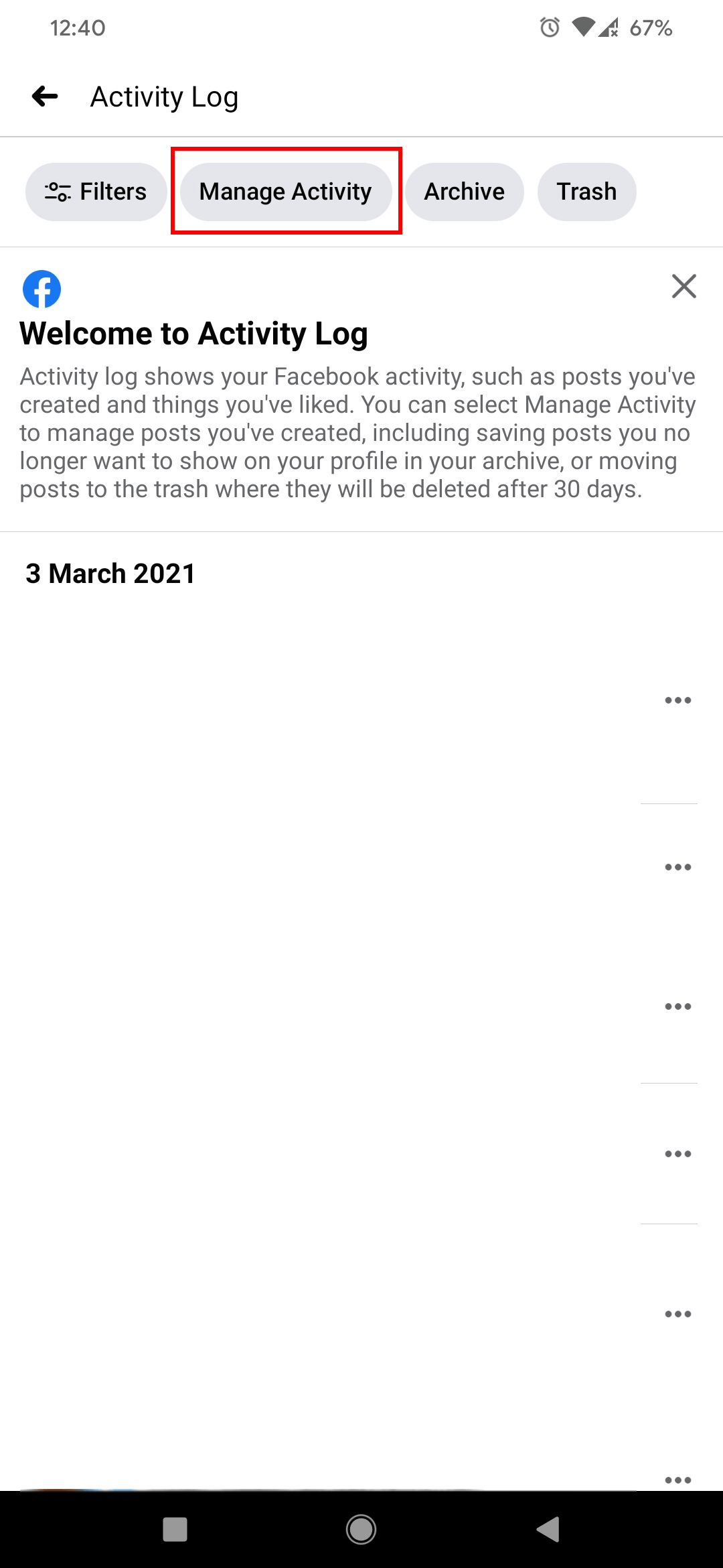 Управление активностью в приложении Facebook