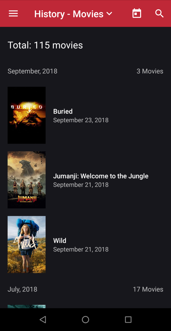 Страница истории просмотров в CineTrak