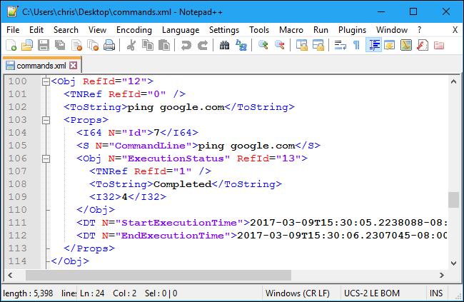 Экспорт истории команд в XML-файл на рабочем столе