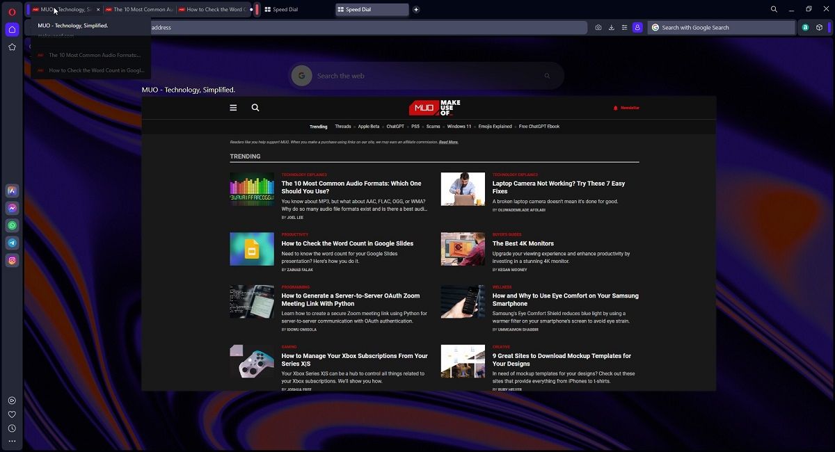 Opera One сгруппировал три страницы MUO в один островок