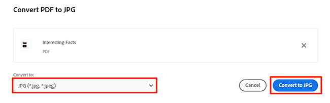 Нажмите «Convert to JPG» в инструменте Adobe для конвертации PDF в JPG