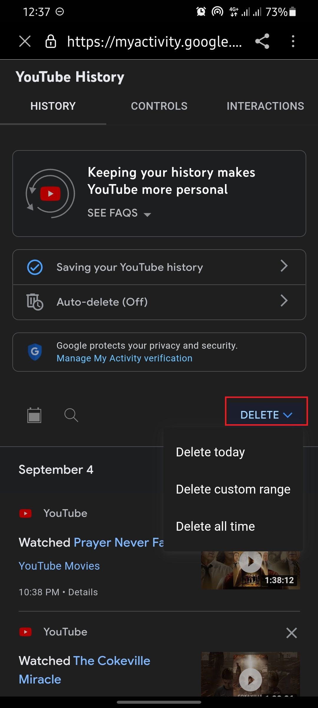 Скриншот опции удаления истории поиска в приложении YouTube