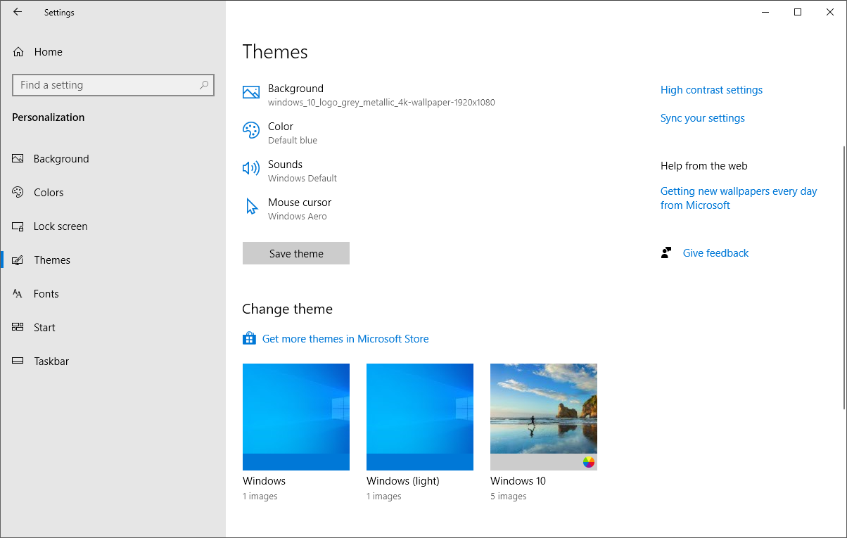 Выбор стандартной темы Windows 10