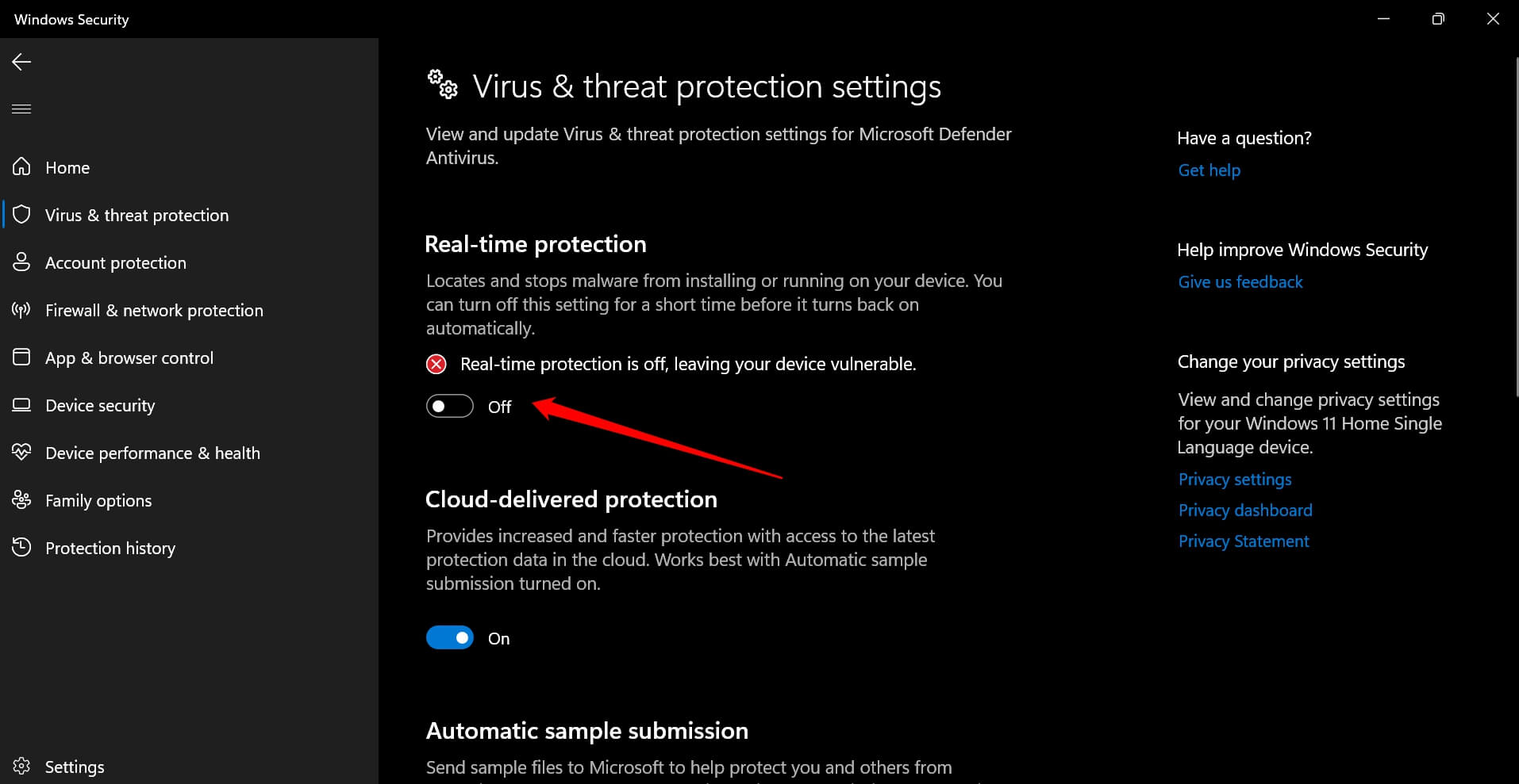 Desactivar protección en tiempo real
