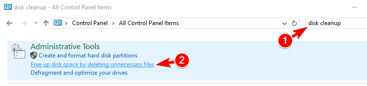 Поиск «disk cleanup» в Панели управления