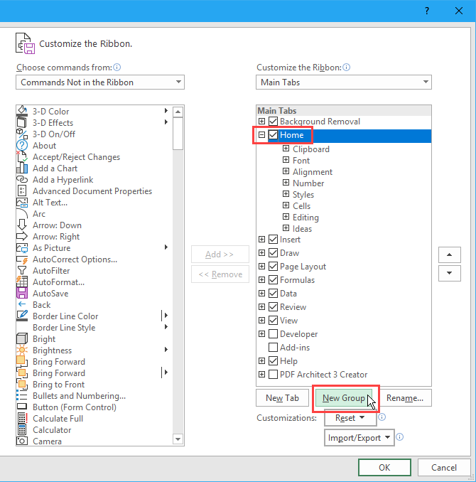 Click New Group on the Excel Options dialog box