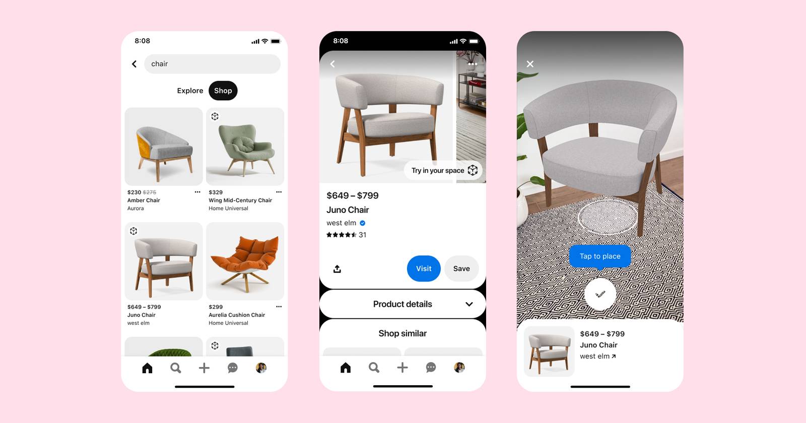 Try On for Home Decor в Pinterest: примерка мебели в AR