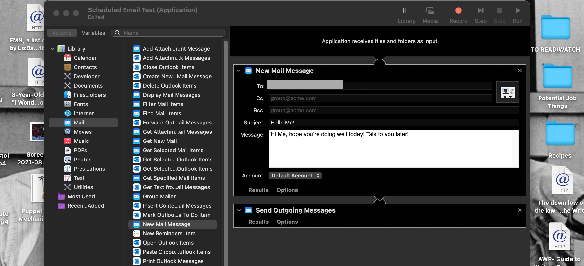 Полный workflow для отправки письма через Automator