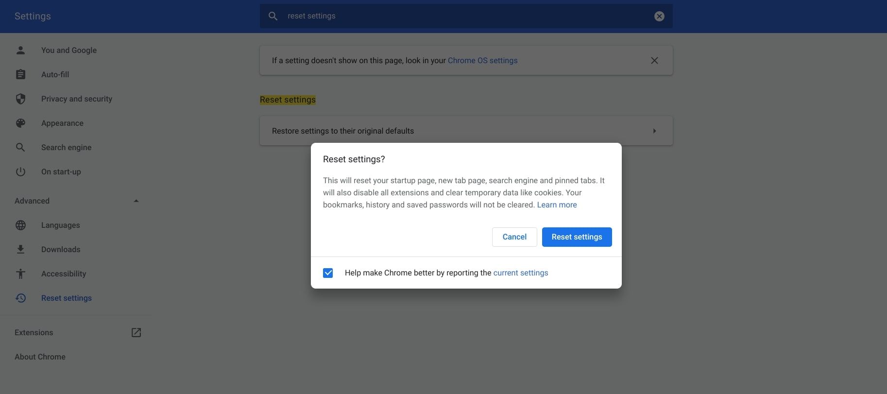 Окно подтверждения сброса настроек Chrome