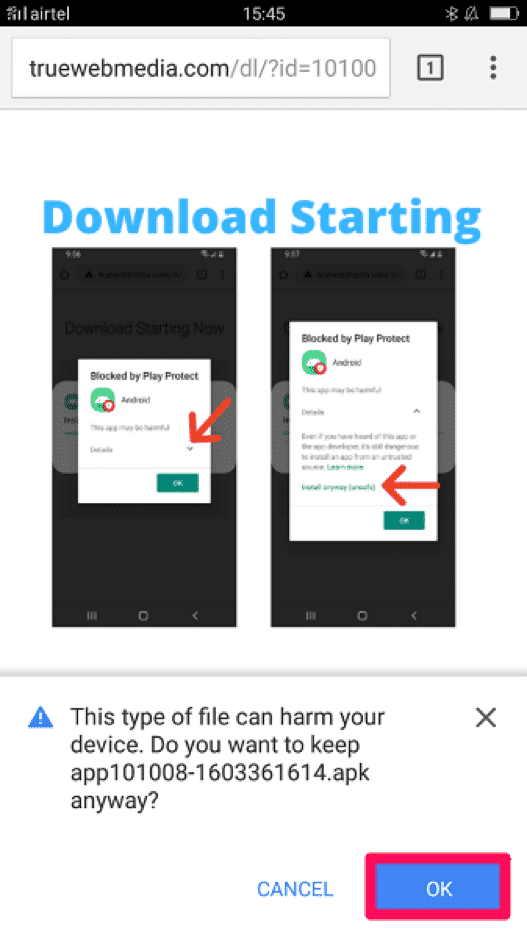 Предупреждение безопасности при установке APK на Android