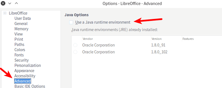 Скриншот: отключение Java в LibreOffice