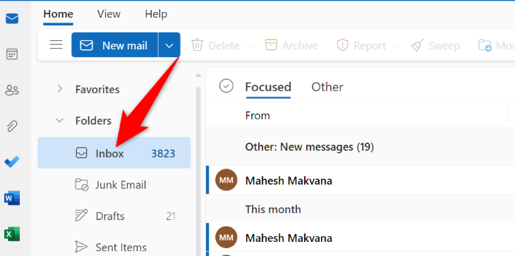 Откройте папку электронной почты.