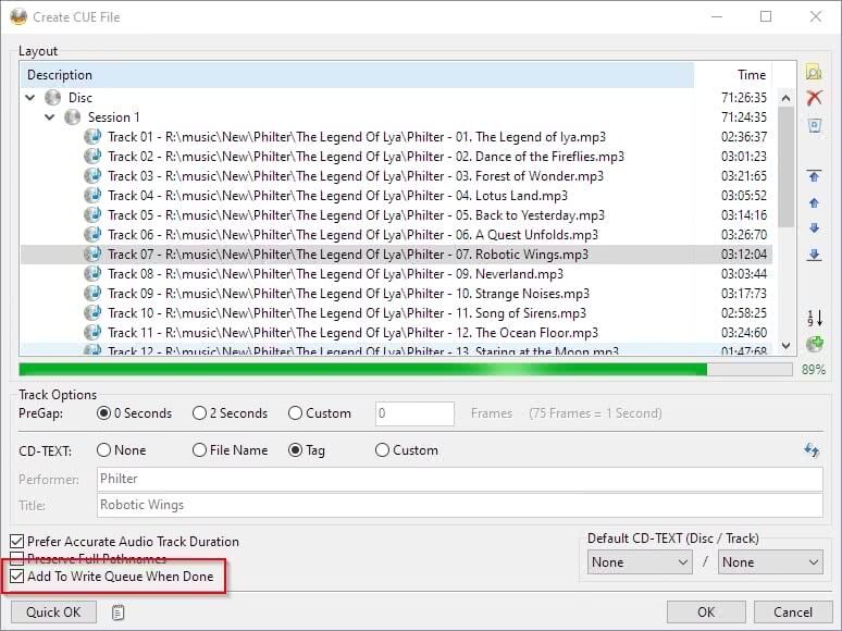 Добавление CUE в очередь записи