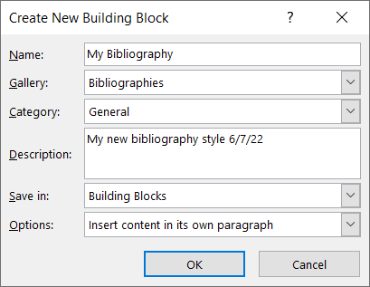 Окно создания элемента Building Block