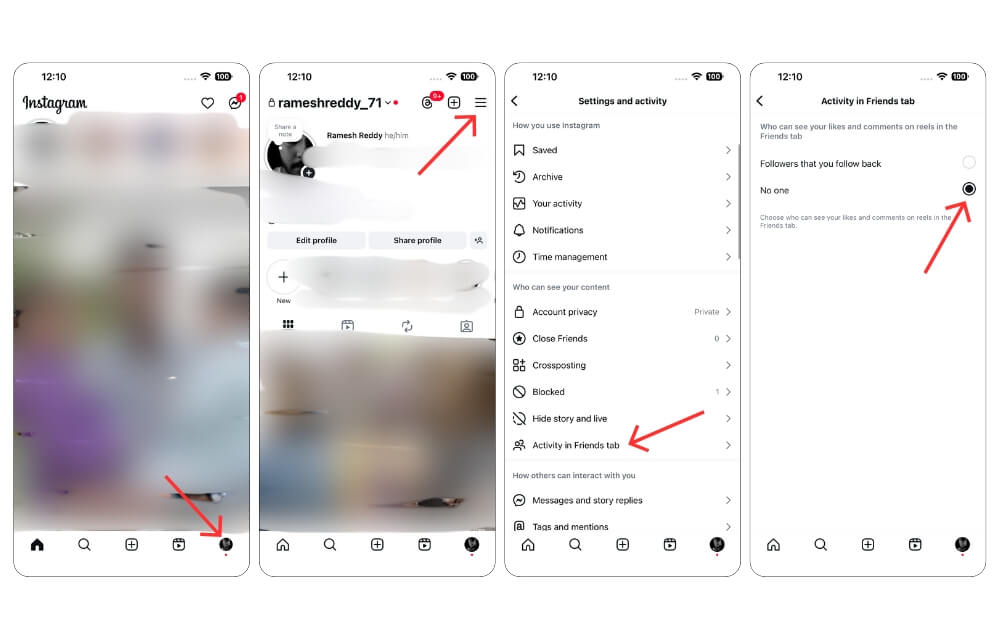 Скриншот: шаги для скрытия лайков и комментариев во вкладке «Друзья» на iPhone