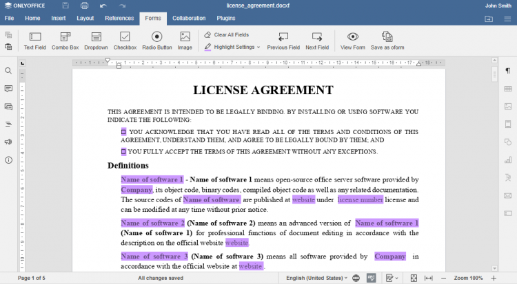 Добавление полей формы в редакторе ONLYOFFICE