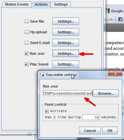 Настройки действий и flood control в YawCam