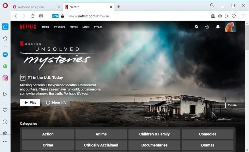 Просмотр Netflix US через Opera VPN — проигрыватель видео на экране