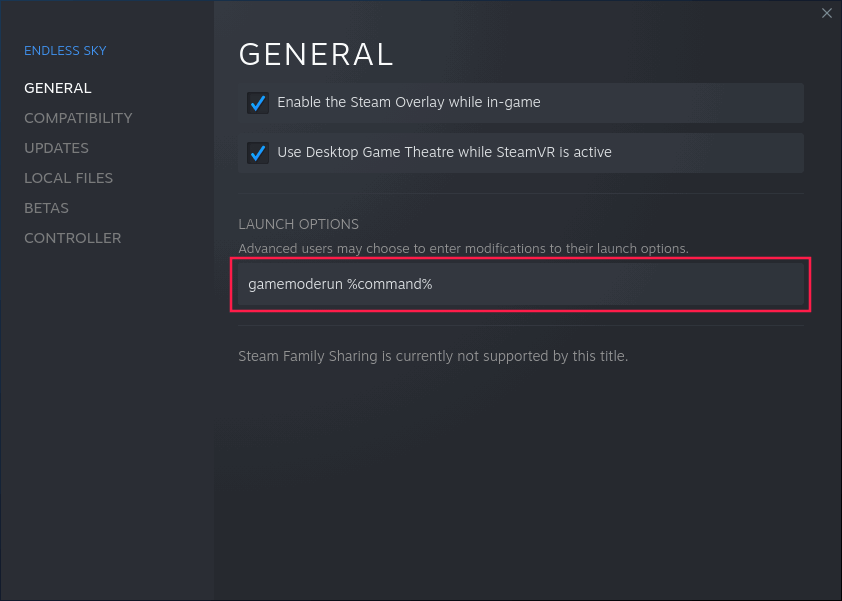 Поле параметров запуска Steam
