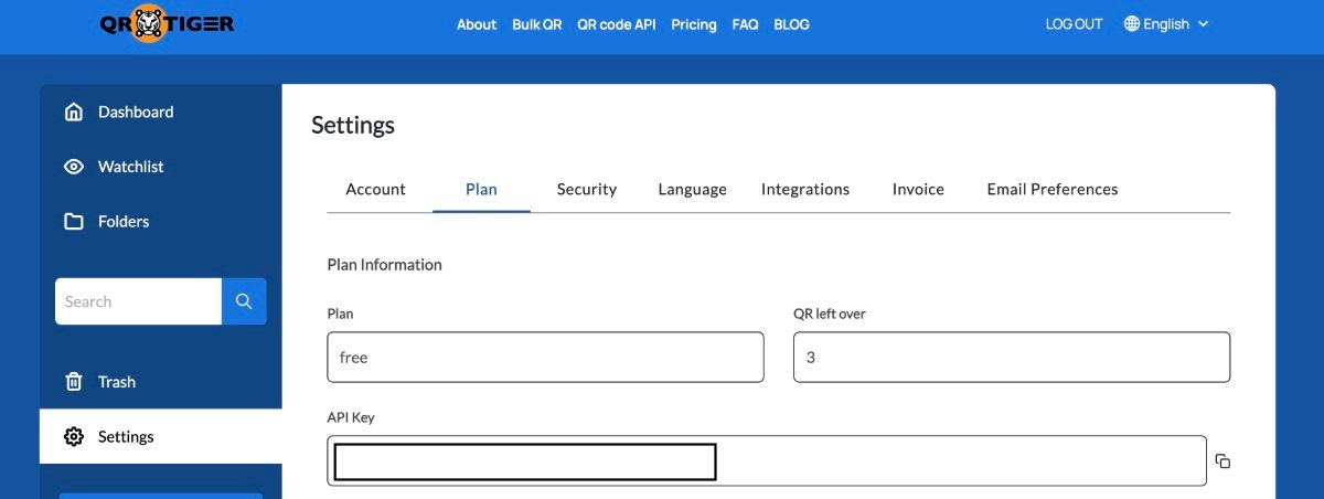 Поиск API в личном кабинете QR TIGER