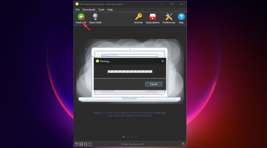 Вставка скопированной ссылки в 4K Video Downloader.
