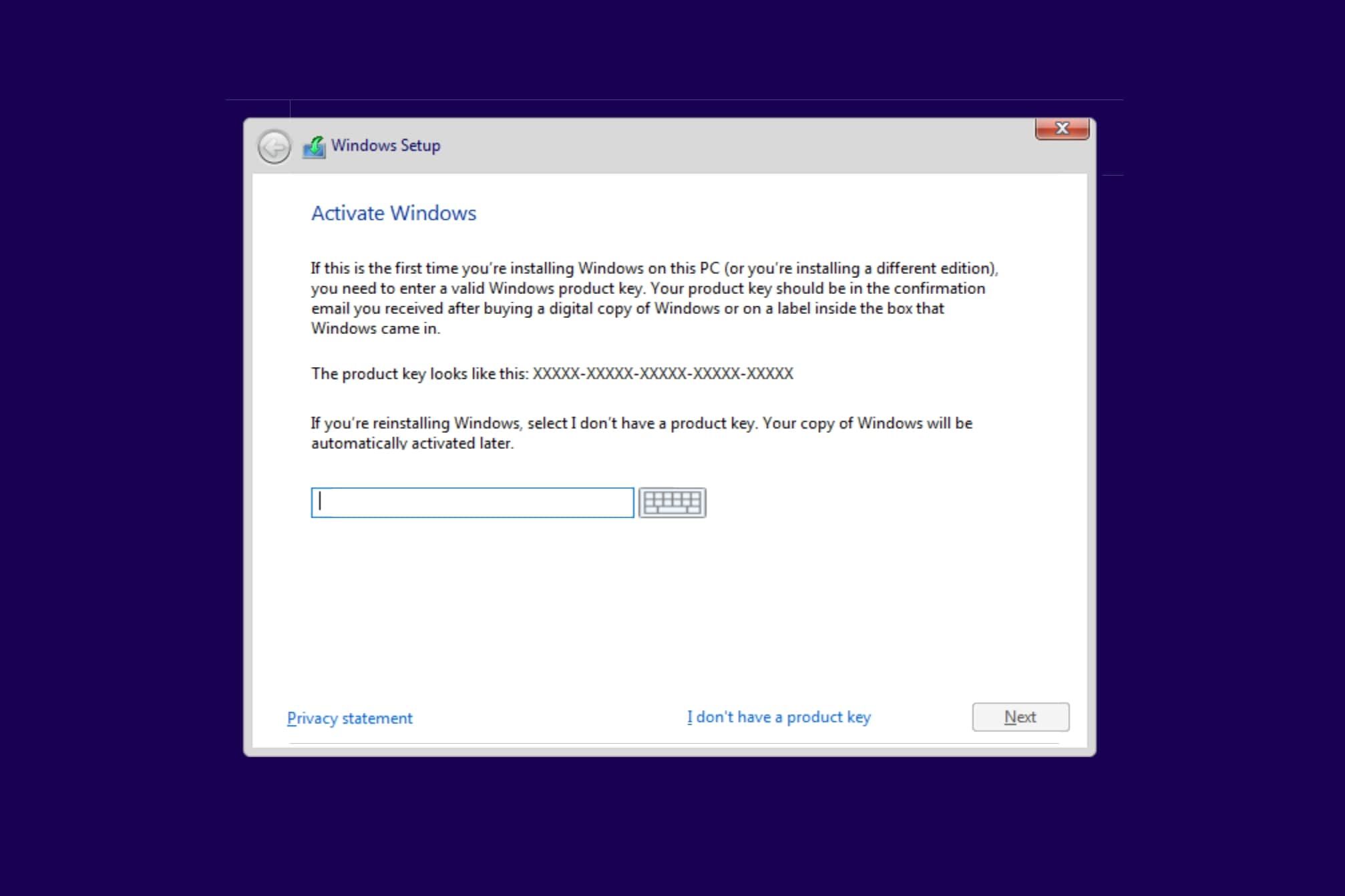 Поле ввода ключа продукта Windows во время установки