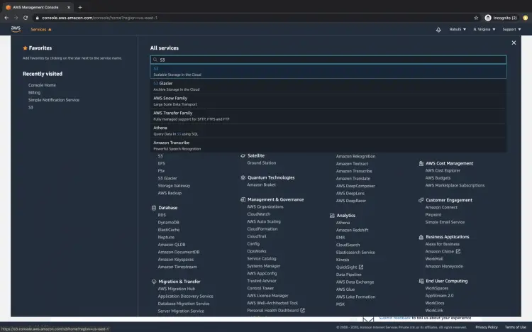 Поиск сервиса S3 в консоли