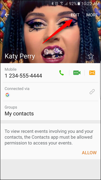 Скрин редактирования контакта на Samsung с кнопкой Edit