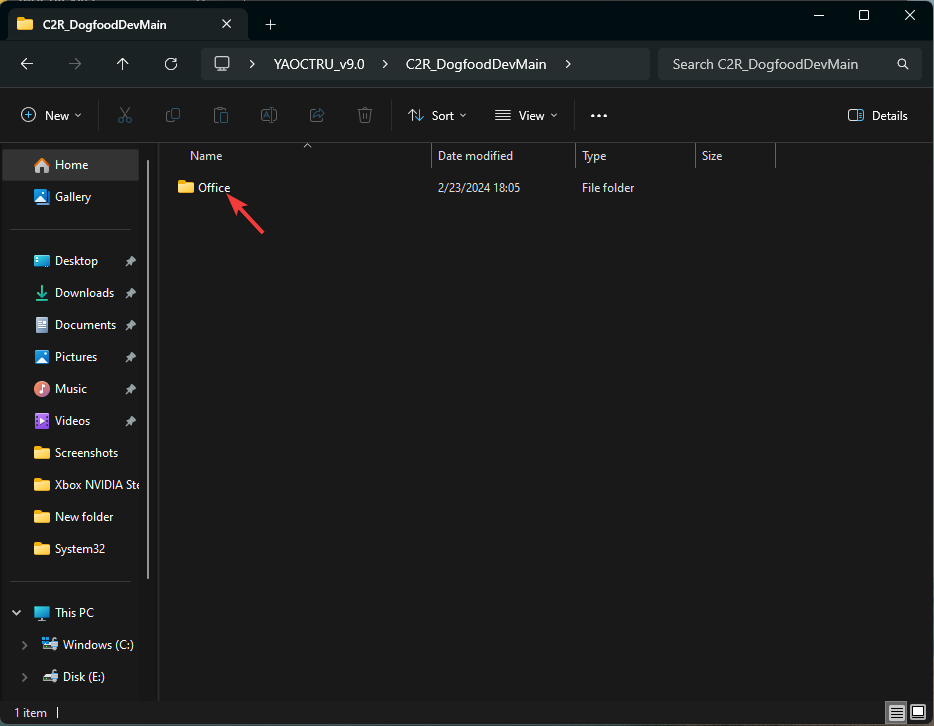 Папка C2R_DogfoodDevMain с загруженными файлами Office
