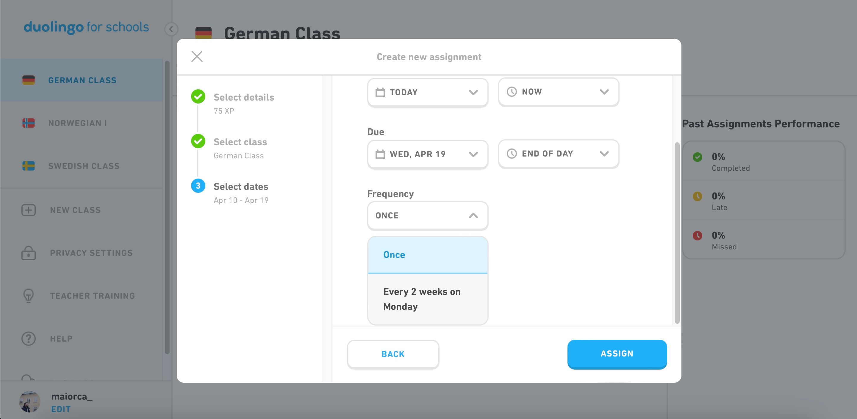 Назначение XP в Duolingo for Schools: окно подтверждения