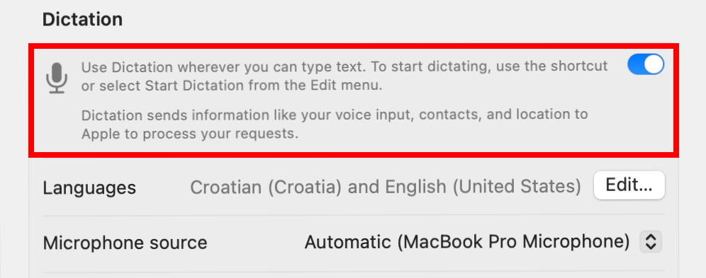 Окно Системных настроек macOS с включённой функцией диктовки