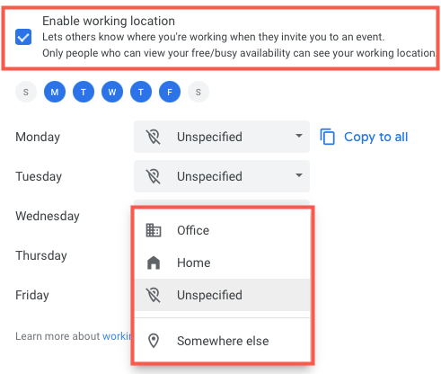 Включите и добавьте место работы для дней недели