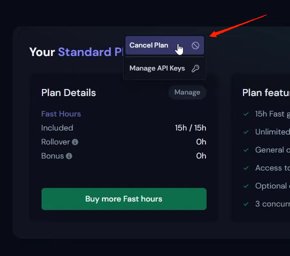 Schermata con l'opzione Cancel Plan evidenziata