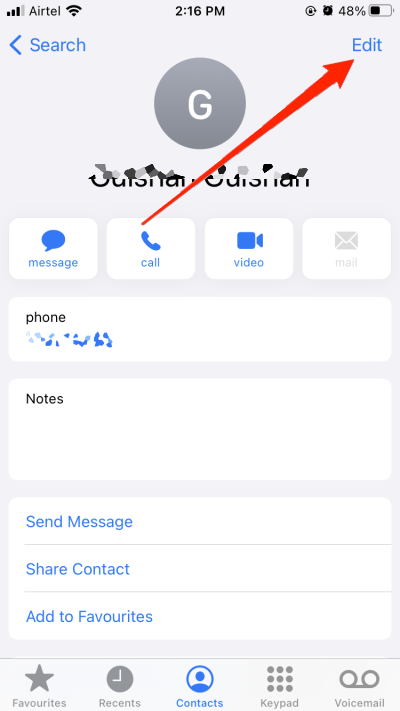Редактирование дубликата контакта на iPhone