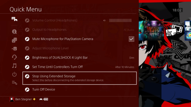 Отключение внешнего хранилища — меню быстрого доступа PS4 с опцией остановки