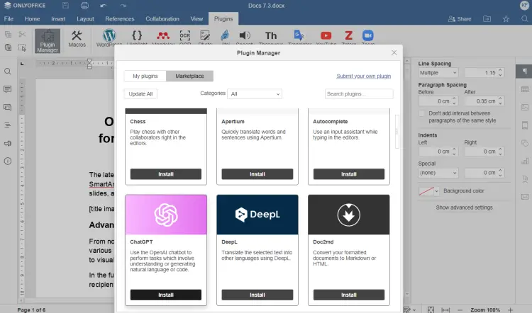 ONLYOFFICE Plugin Manager — окно менеджера плагинов