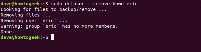 Скриншот команды sudo deluser --remove-home eric в терминале.