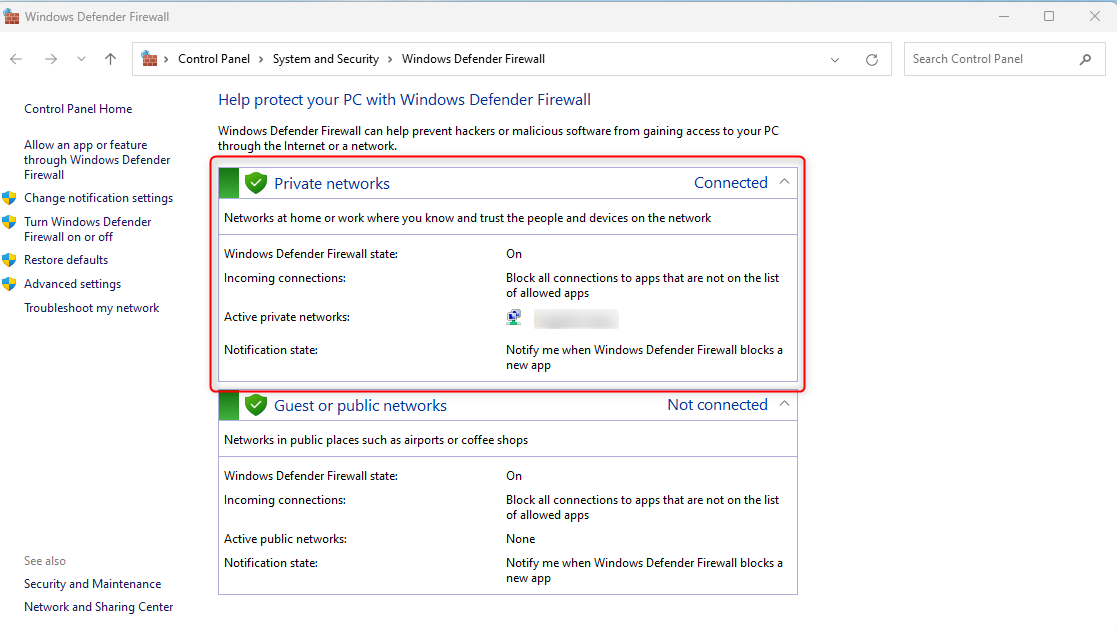 Статус брандмауэра Windows: включён для частных сетей.