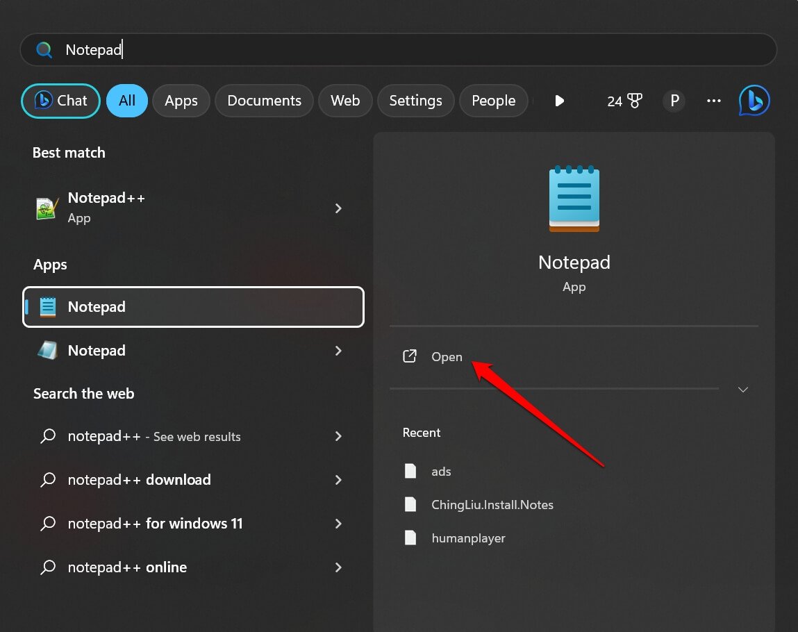 Открыть Блокнот