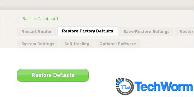 Опция восстановления заводских настроек в веб‑интерфейсе Belkin