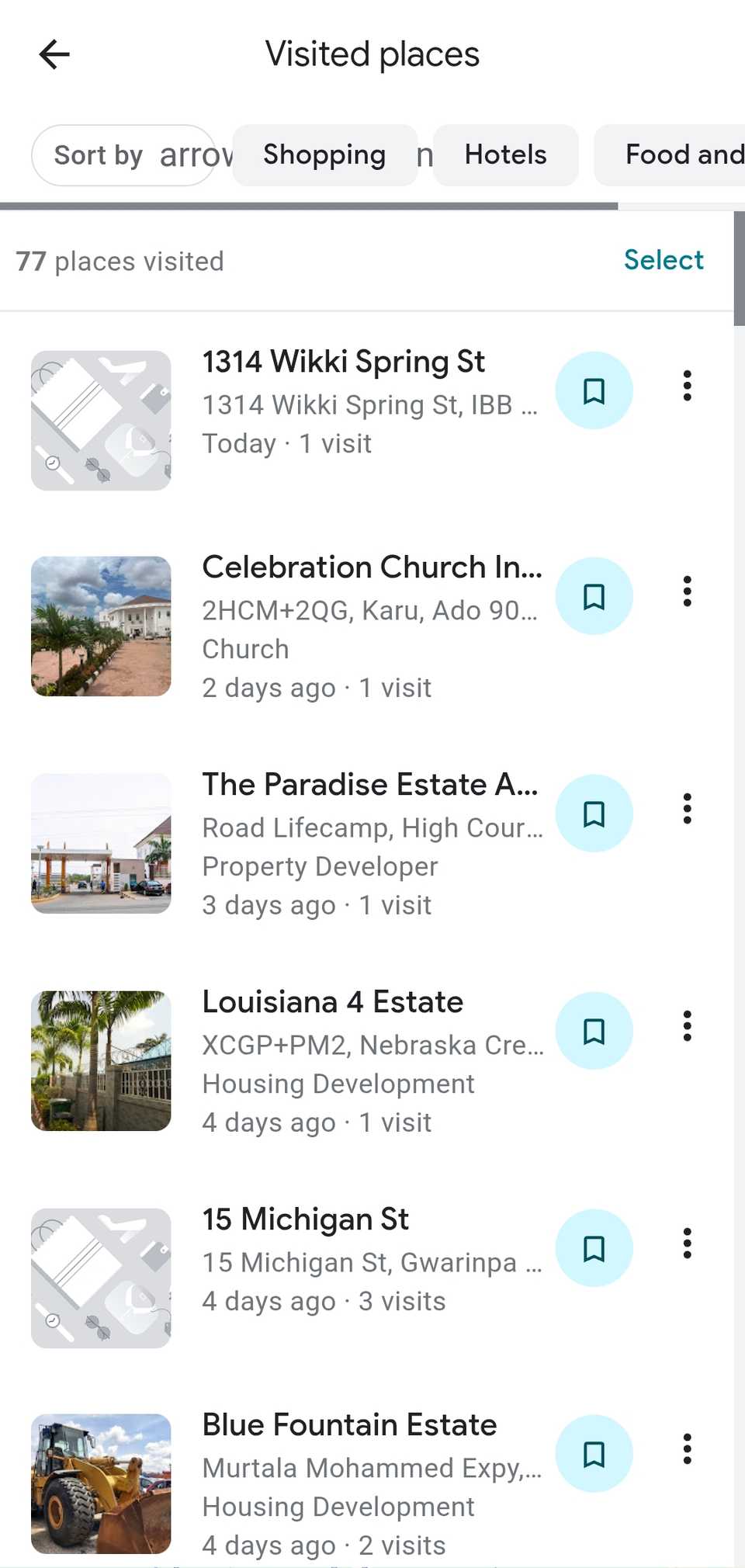 Посещённые места в Google Maps