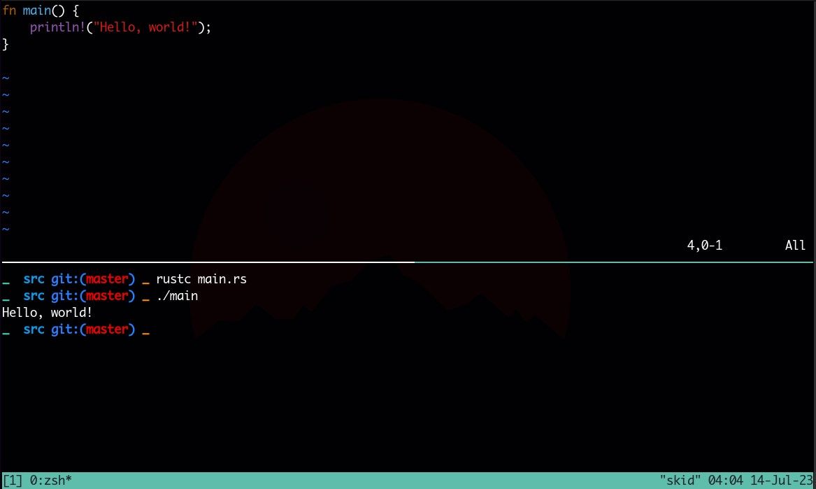 Компиляция и выполнение Rust-кода — терминал с командой rustc и выводом программы