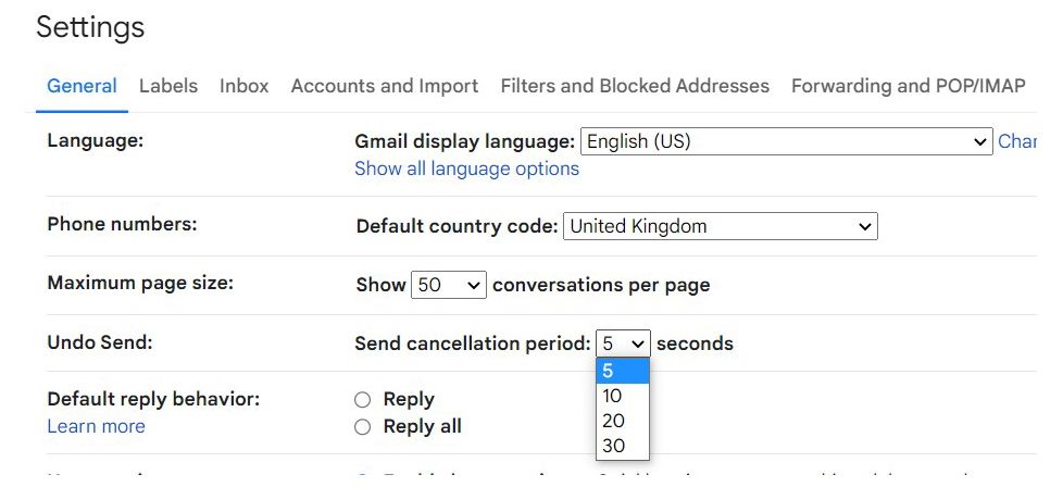 Скриншот: настройки времени отмены отправки в Gmail