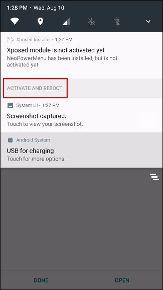 Активация модуля и перезагрузка в Xposed