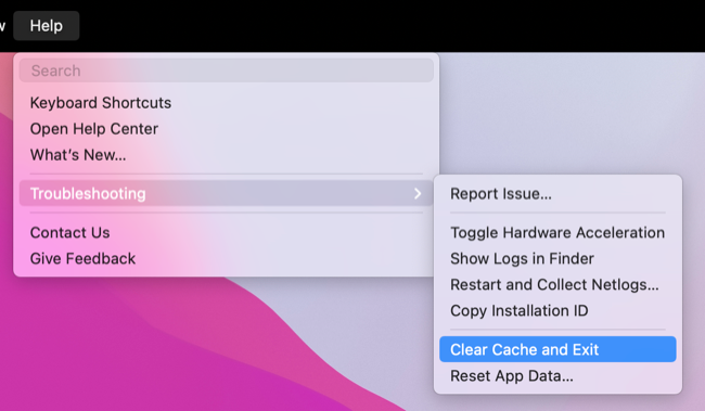 Меню очистки кэша и выхода в Slack