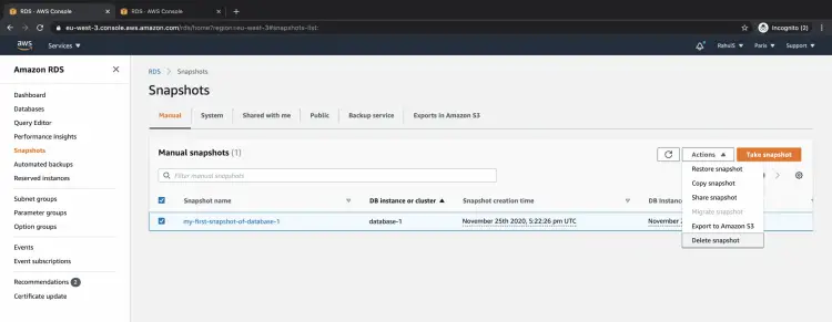 Удаление снимка