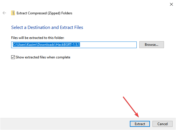 выбор пути извлечения файлов