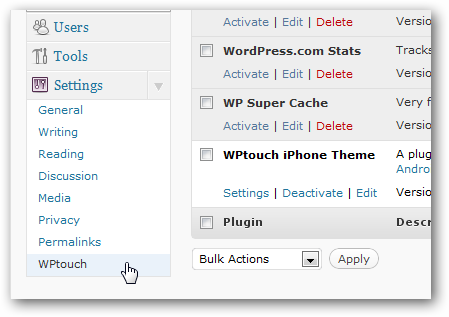 Страница настроек WPtouch в админке