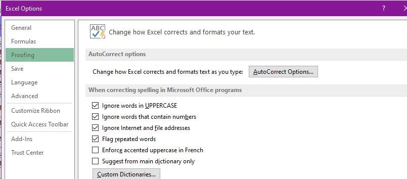 Окно настроек Excel: Пользовательские словари